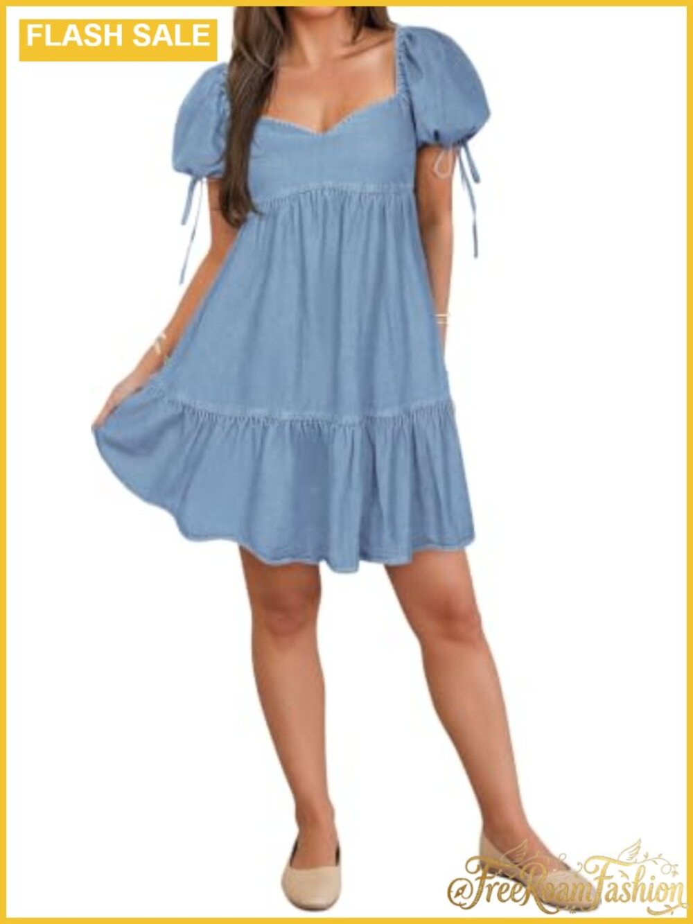 Denim Mini Dress Sweetheart Neck Puff Sleeve A-Line